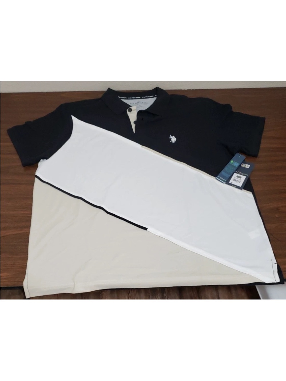 U.S. Polo Assn. Men's Black, White & Cream Diagonal Colorblock Polo